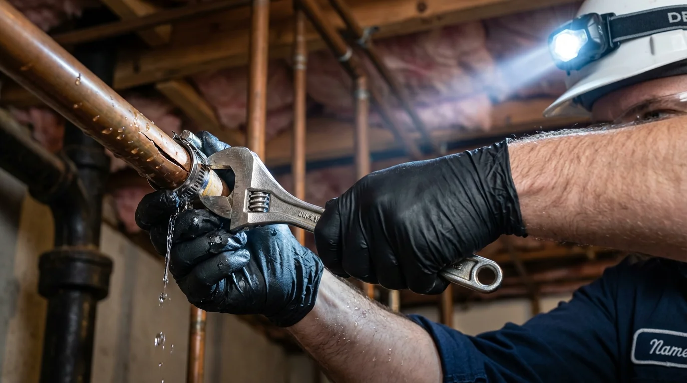 Emergency pipe clamp repair being performed by a Johns Plumbing LLC plumber in Antelope